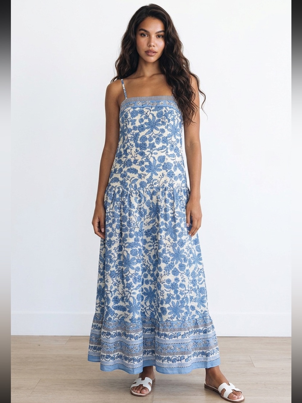Taylor Blue & White Floral Cotton Drop Waist Maxi Dress